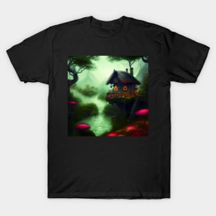 Sparkling Fantasy Cottage with Lights and Glitter Background in Forest, Scenery Nature T-Shirt